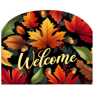 Autumn Color Leaves Acrylic Art Sign with welcome text and colorful fall leaves on black background.