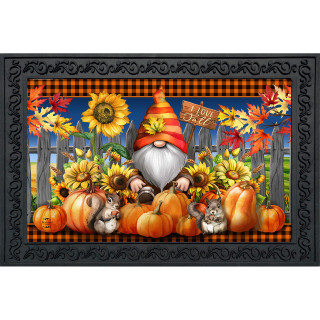 Gnome and Pumpkins Doormat with orange pumpkins, sunflowers, and fall leaves on black and orange background.