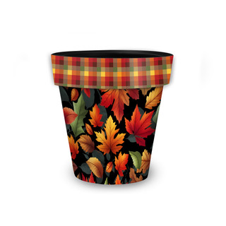 Autumn Color Leaves Small Planter with plaid rim, vibrant orange, red and yellow fall leaves design.
