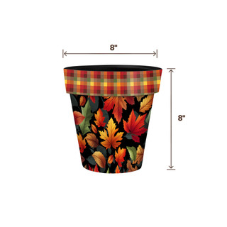 Autumn Color Leaves Small Planter, 8" tall, 8" wide, red, orange, yellow leaves, plaid rim.