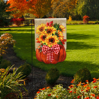 Sunflower filled pumpkin burlap garden flag with red gingham bow, vibrant orange and yellow garden decor.