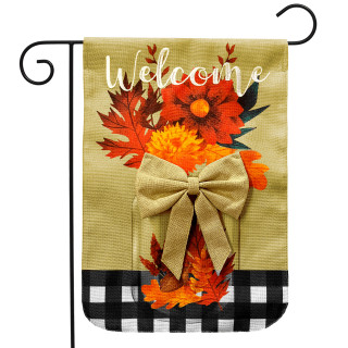Fall Floral Mason Jar Burlap Garden Flag with orange flowers, leaves, bow, and welcome text.
