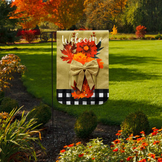Fall Floral Mason Jar Burlap Garden Flag with welcome message and autumn leaves design on stand.