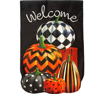 Black burlap house flag with Welcome and colorful patterned pumpkins in orange, black, and white hues.