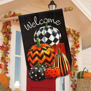 Patterned Pumpkin Stack Burlap House Flag with welcome text and vibrant orange, black, and white pumpkins.