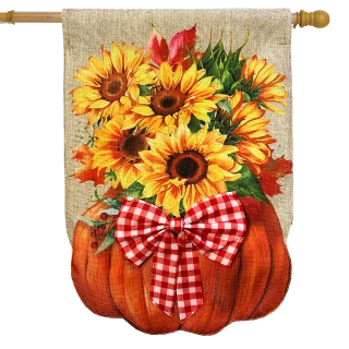 Sunflower filled pumpkin burlap house flag with red gingham bow, vibrant orange and yellow hues.