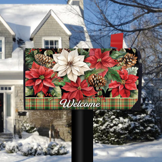 Mixed Poinsettias mailbox cover with red, white flowers, green leaves, pinecones on plaid background.