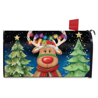 Festive Reindeer Mailbox Cover with Christmas trees and lights on a snowy night scene.
