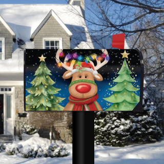 Festive Reindeer Mailbox Cover with Christmas trees and colorful lights on a snowy residential mailbox.