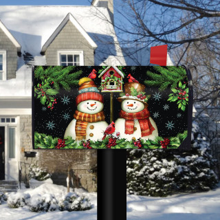 Snowman Pair Mailbox Cover with festive holiday design and greenery on black background.