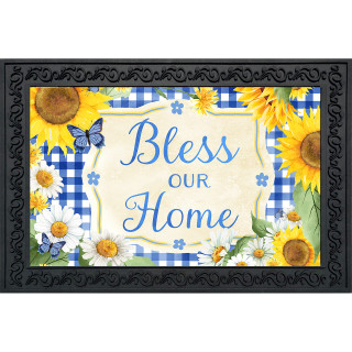 Bless This Home floral doormat with sunflowers, daisies, and butterflies on blue gingham background.
