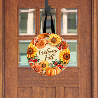 Welcome Fall Flowers Wood Door Hanger with sunflowers, pumpkins, and fall decorations on a wooden door.