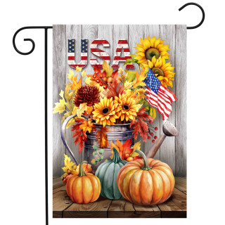 American Autumn Garden Flag with sunflowers, pumpkins, and USA theme on a rustic wooden background.