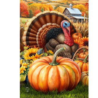 Wild Turkey and Pumpkins Garden Flag with colorful autumn scene and vibrant turkey surrounded by pumpkins.