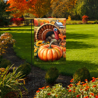 Wild Turkey and Pumpkins Garden Flag with vibrant autumn design, colorful turkey and orange pumpkin.