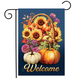 Fall Basket Garden Flag with sunflowers, pumpkins, and flowers on blue background with welcome text.