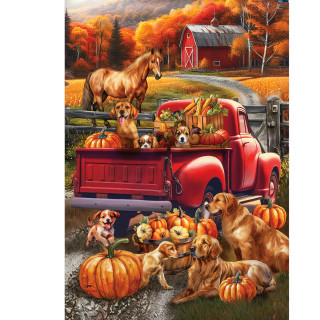 Fall Puppy Pickup Garden Flag with adorable dogs and pumpkins on a red vintage truck outdoors.