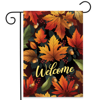Autumn Color Leaves Garden Flag with Welcome text, featuring orange, red, and yellow leaves on black.