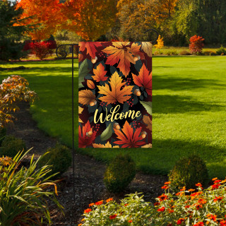 Autumn Color Leaves Garden Flag with Welcome text, featuring orange, red, and yellow leaves design.