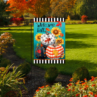 Perfectly Patterned Pumpkins Garden Flag with Welcome Fall text and sunflowers outdoor decor.
