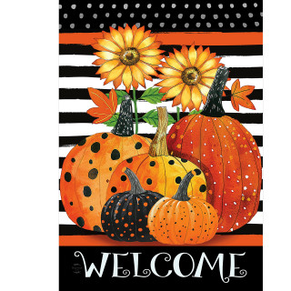 Pumpkins and Stripes Garden Flag with orange, black, and white design and welcome text.