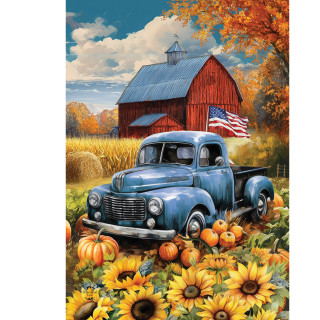 American Fall Farm House Flag with blue truck, pumpkins, sunflowers, and red barn.