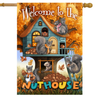 Fall Welcome To the Nut House House Flag with colorful squirrels and autumn leaves design.