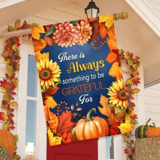 Always Be Grateful House Flag with sunflowers, pumpkins and fall leaves on a blue background.