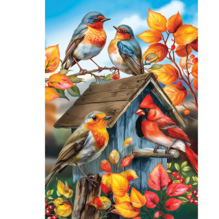 Fall Birds House Flag with colorful birds and autumn leaves on a birdhouse.
