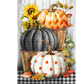Pumpkin Basket Stack House Flag with orange, white, and black pumpkins in a wicker basket.