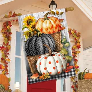 Pumpkin Basket Stack House Flag with orange, white, and black pumpkins on black and white background.