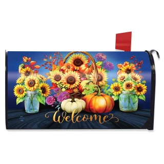 Fall Basket Mailbox Cover with sunflowers, pumpkins and Welcome text on a blue background.