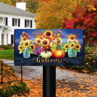 Fall Basket Mailbox Cover with sunflowers, pumpkins and welcome message on a black mailbox post.