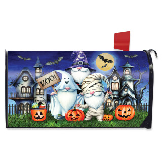 Costumed Gnomes Mailbox Cover with Halloween themed cartoon characters and houses on a spooky night scene.