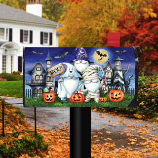 Costumed Gnomes Halloween Mailbox Cover with ghosts, pumpkins and haunted houses design on front.