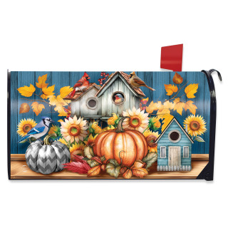 Fall Feathered Friends Mailbox Cover with birdhouses, pumpkins, sunflowers, and blue jay on wooden base.