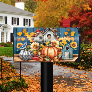 Fall Feathered Friends Mailbox Cover with pumpkins, sunflowers, and birdhouses on blue background.