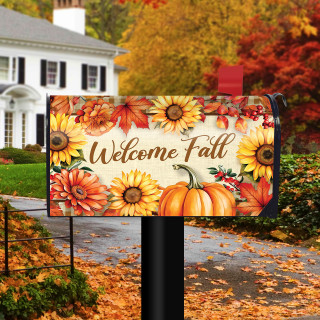 Welcome Fall Flowers Mailbox Cover with sunflowers, pumpkins, and leaves on a black mailbox post.