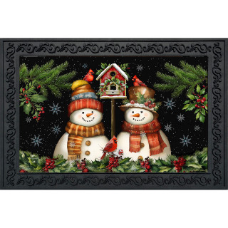 Snowman Pair Doormat with festive snowmen, birdhouse, evergreen, holly, and snowy night scene design.