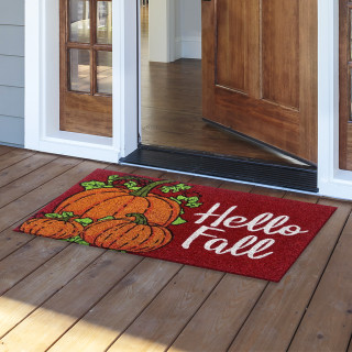 Red coir doormat with orange pumpkins and "Hello Fall" text, 18 x 30 inches.