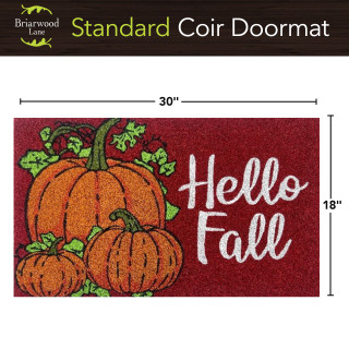 Hello Fall Pumpkins Coir Doormat, 18 x 30 inches, orange pumpkins on red background.