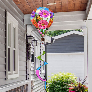 Zinnias in Bloom hot air balloon wind twister with colorful flowers and butterflies outdoor decor.