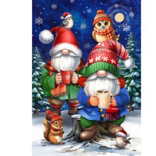 Warm Wishes Gnomes House Flag with gnomes, owl, squirrel, and snow scene with trees.