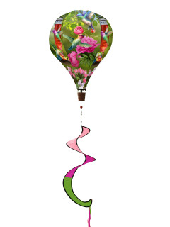 Deluxe Hummingbird Feeder hot air balloon spinner with colorful floral design and pink green tail.