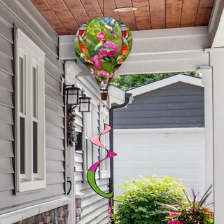 Deluxe Hummingbird Feeder Hot Air Balloon Spinner with colorful hummingbirds and pink accents on metal pole.