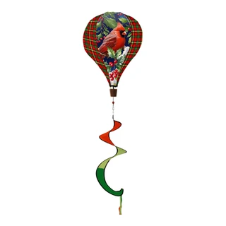 Cardinal and Holly hot air balloon spinner with red plaid and bird design, green and red tail.