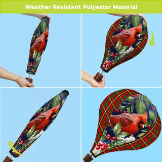 Cardinal and Holly hot air balloon spinner in red plaid with cardinal bird design, polyester material.