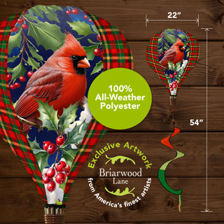 Cardinal and Holly Hot Air Balloon Spinner, red bird, green holly, 22" x 54" polyester.