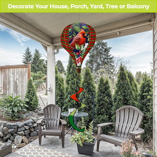 Cardinal and Holly Hot Air Balloon Spinner outdoor decoration with red bird and green tail.