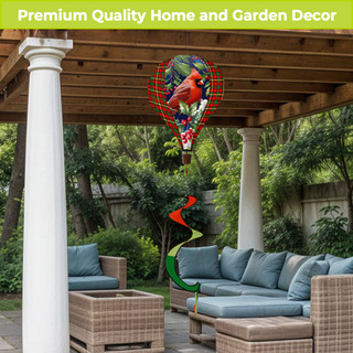 Cardinal and Holly Hot Air Balloon Spinner outdoor decor with red bird and green holly leaves.
